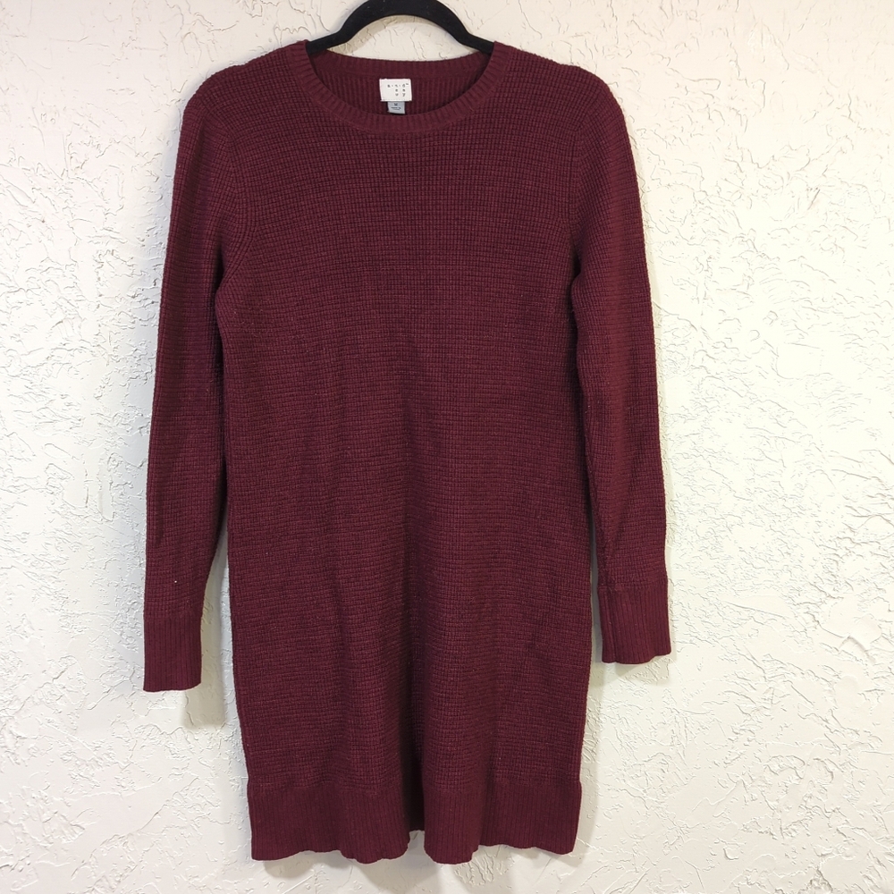 A New Day Maroon Red Waffle Knit Longsleeve Sweater Dress - Women's Size Medium